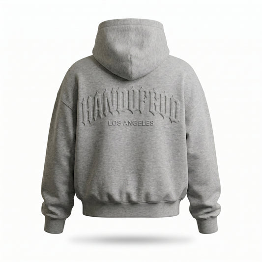 Gray hoodie with text on the back on a white background