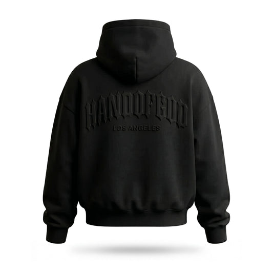 Black hoodie with text on the back against a white background