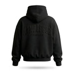Black hoodie with text on the back against a white background