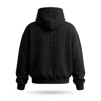 Black hoodie with text on the back against a white background