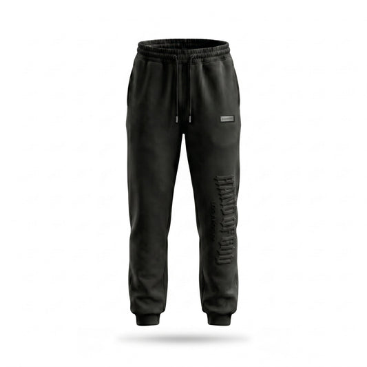 Black jogger pants with brand logo on a white background
